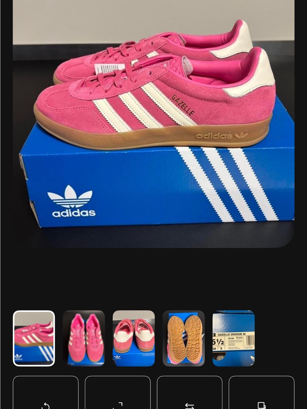 adidas womens Gazelle Indoor Pink Suede Sneakers with White Stripes.